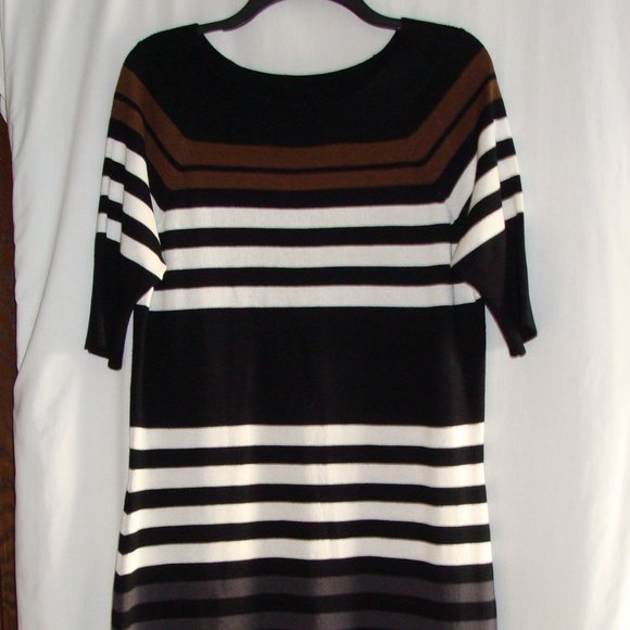 Black Brown & White STRIPE Short Sleeve SWEATER DRESS Sz XL by ALLISON BRITTNEY - Picture 1 of 4